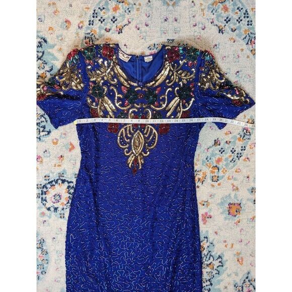 Vintage 80's Scala Royal Cobalt Blue Beaded Silk Cocktail Dress - PL - Picture 10 of 14